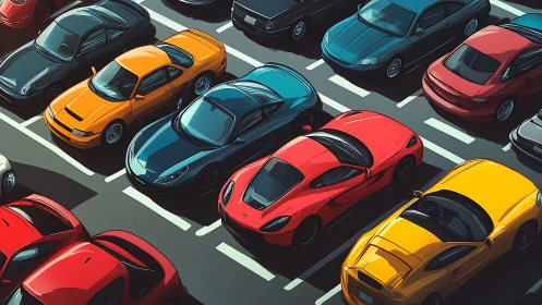 Colorful sports cars parked in a busy outdoor lot scene.