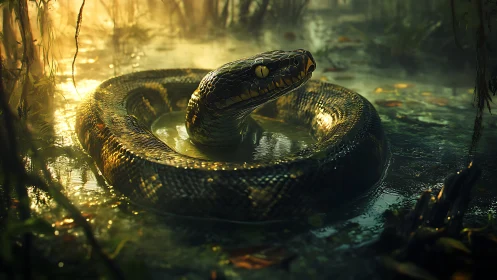 Swamp monarch serpent coils in molten jungle sunlight haze.