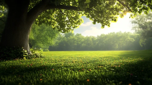 Sunlit park meadow unfolds beneath a broad leafy tree.