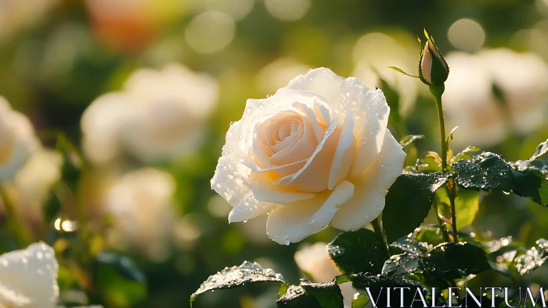 Soft Peach Rose Glistens with Morning Dew