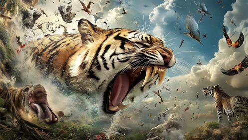 Roaring tiger explodes through stormy sky in wild upheaval