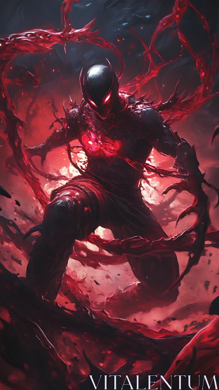 Symbiotic warrior wreathed in crimson energy storm.