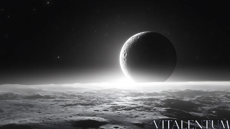 Lunar terminator horizon with backlit crescent eclipse geometry.