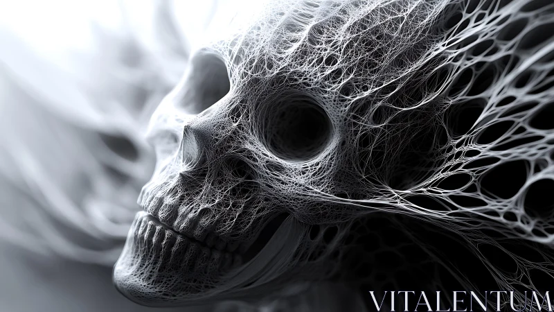 Human skull rendered in filament-like lattice structure