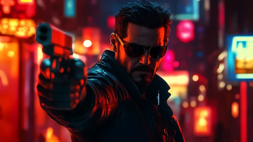 Cyberpunk gunman in neon-lit urban corridor, cinematic framing.