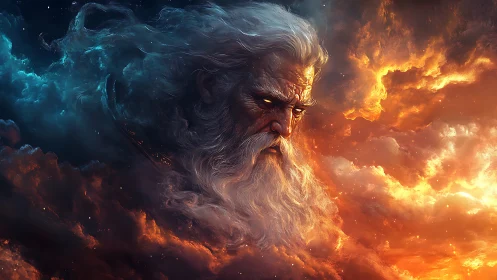 Elemental sky deity portrait in bifurcated chromatic nebulae.