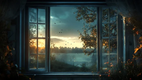 Twilight-lake vista through symmetrically framed cottage window.