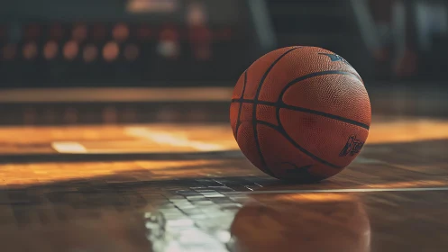 Basketball resting on polished indoor court in warm light.