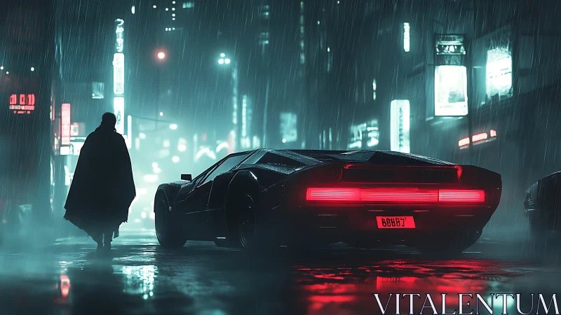 Cyberpunk rain-soaked street with neon sports car and lone figure.