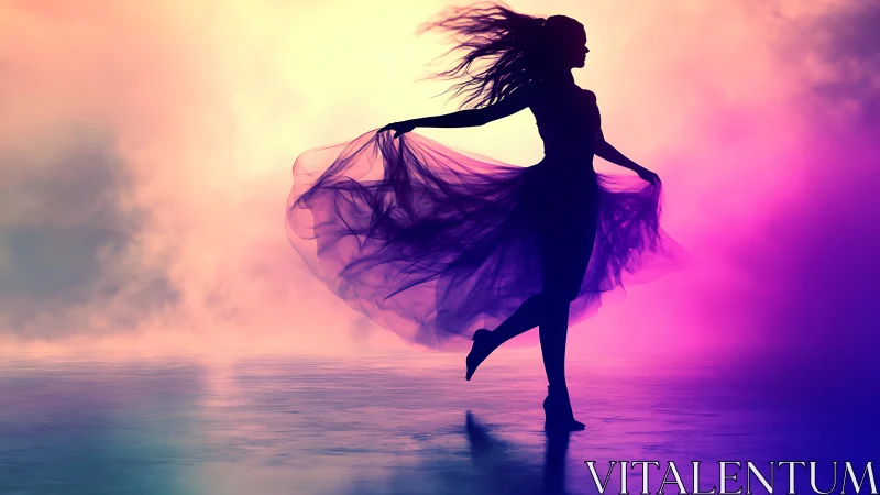 Silhouetted dancer moves through glowing pastel mist.