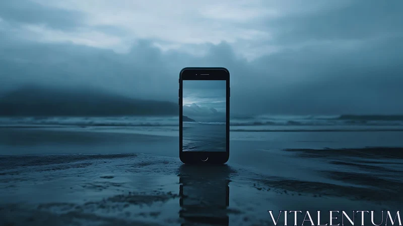 Smartphone standing on wet beach with misty seascape.