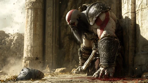 Cinematic 3D warrior study in baroque armor and ruins lighting.