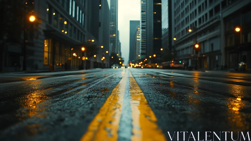 Low-angle rainy city street emphasizes reflective perspective lines