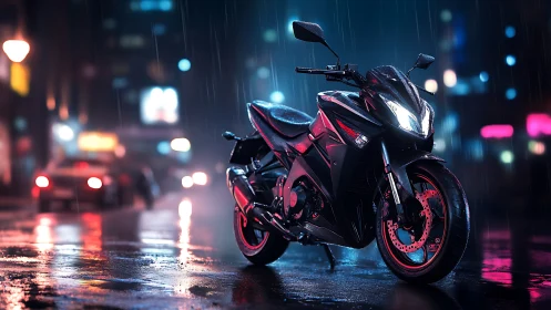 Sport motorcycle on wet neon city street at night period