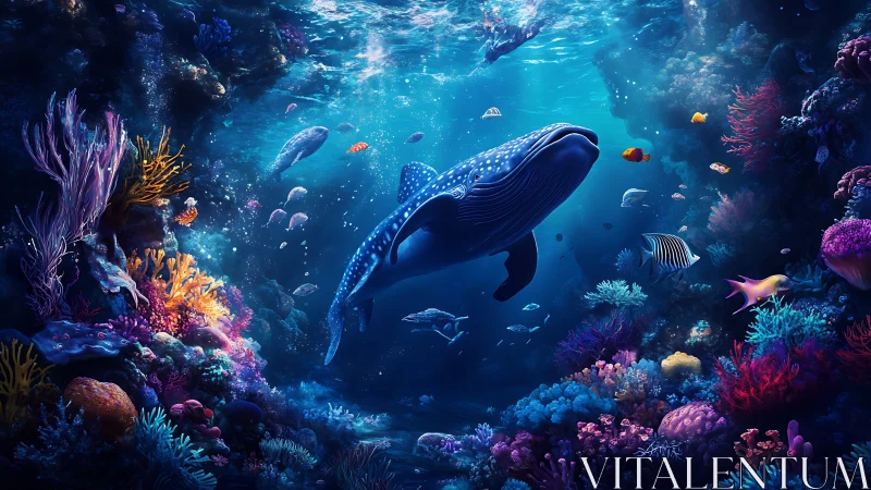 Whale and coral reef ecosystem rendered in digital seascape