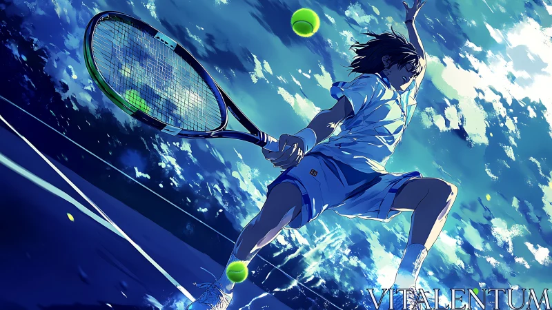 Dynamic anime tennis player leaps into powerful overhead smash