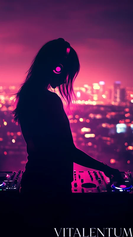 Neon city rooftop DJ wrapped in glowing night rhythms.