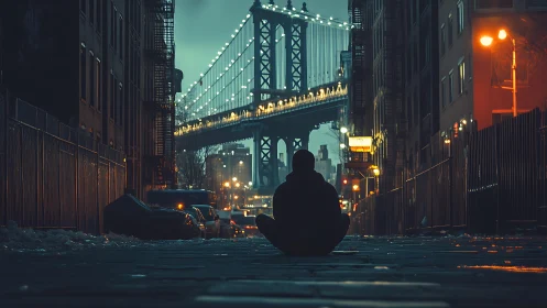 Solitary hooded figure in wet city alley facing illuminated bridge