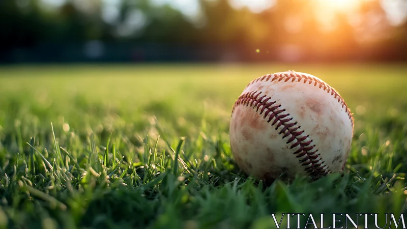 Sunlit baseball resting softly on a quiet green field.