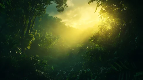 Sunlit Forest Canopy: Atmospheric Light Penetrating Dense Jungle Foliage.