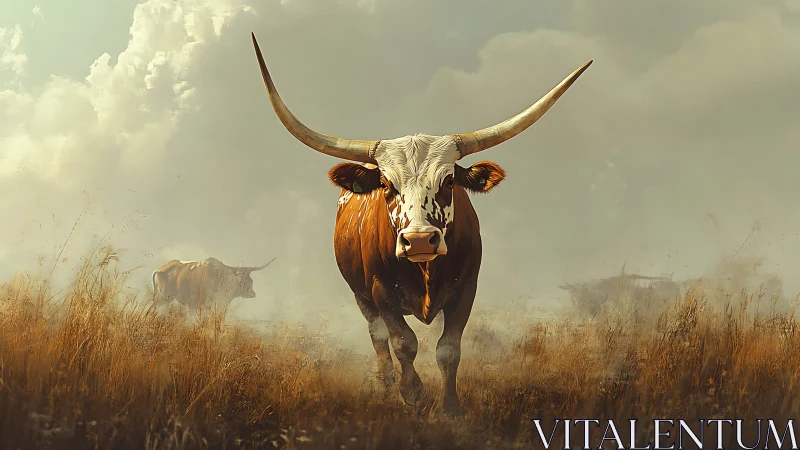 Stormstride longhorn strides through a sunlit prairie haze.