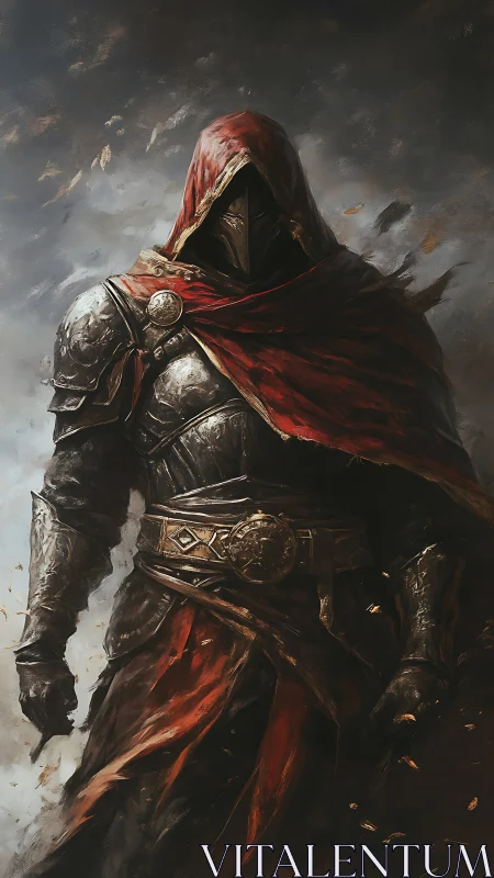Hooded knight emerges from stormy shadows in burning red cloak