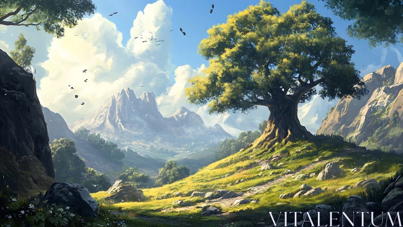 Ancient oak above valley trail facing distant misty peaks.