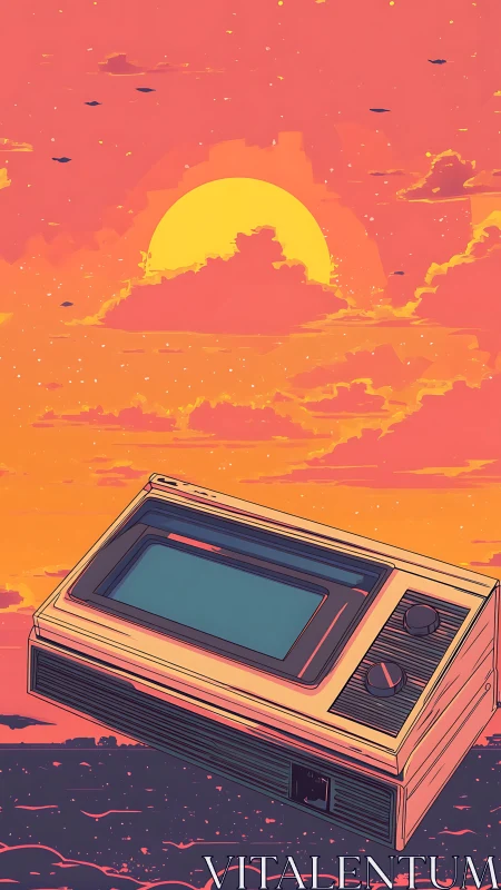 Retro handheld console rendered against neon sunset sky