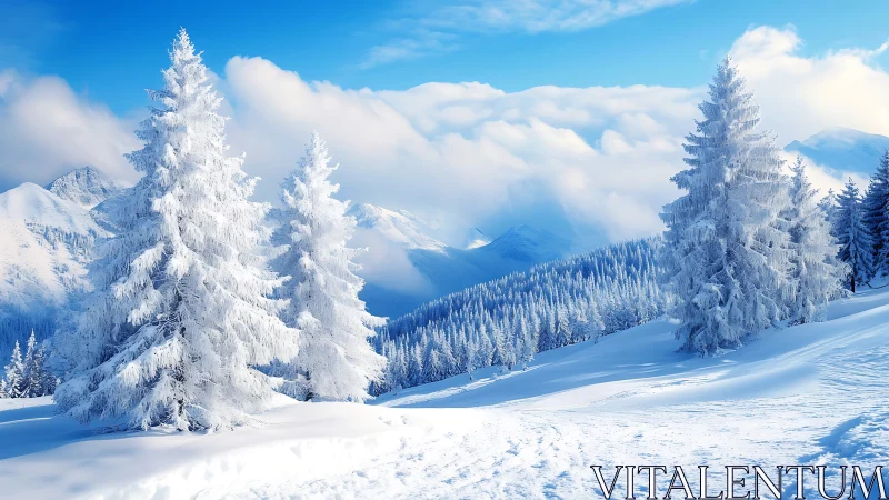 Snow-laden fir forest crowns sunlit alpine ridge.