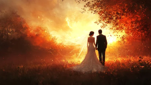 Sunlit wedding couple walks into a glowing autumn dream