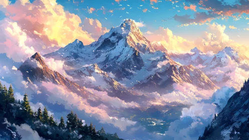 Sunlit mountain peaks rising through soft painted clouds.