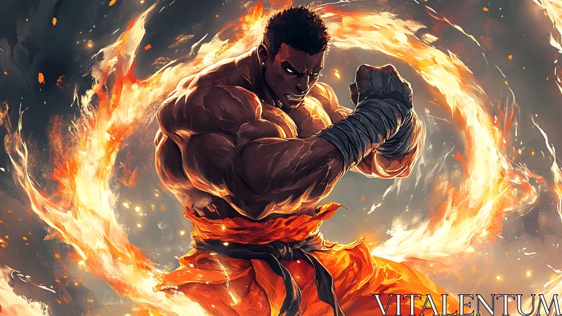 Fiery martial artist embracing power and focused strength.
