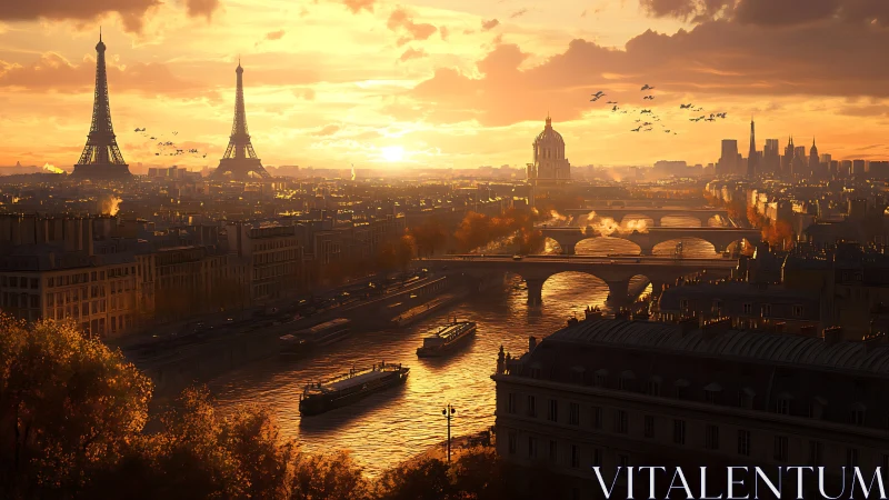 Twin Eiffel Towers over Paris riverfront at radiant sunset