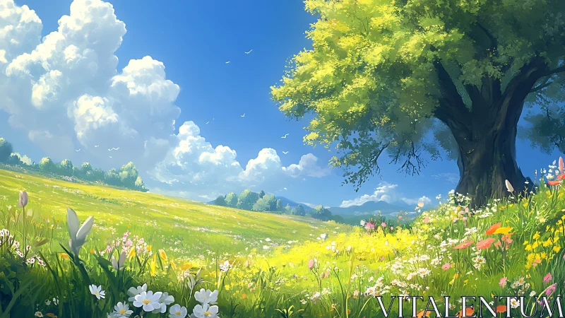 Luminous meadow landscape under towering spring oak tree.