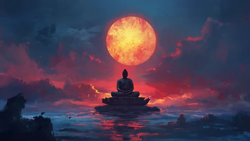 Digital painting of meditative figure under molten sun horizon.