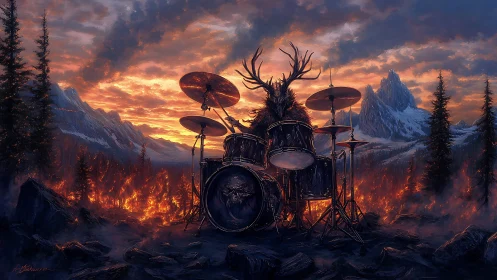 Stag-headed drummer summoning firestorm in alpine dusk.