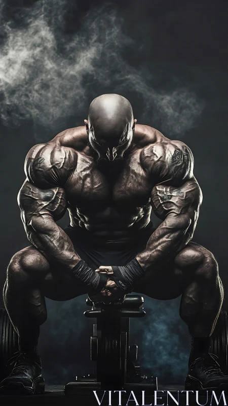 Powerful bodybuilder resting in a cloud of quiet focus.