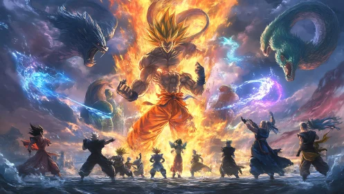 Blazing warrior ascends amid roaring storms and legends.