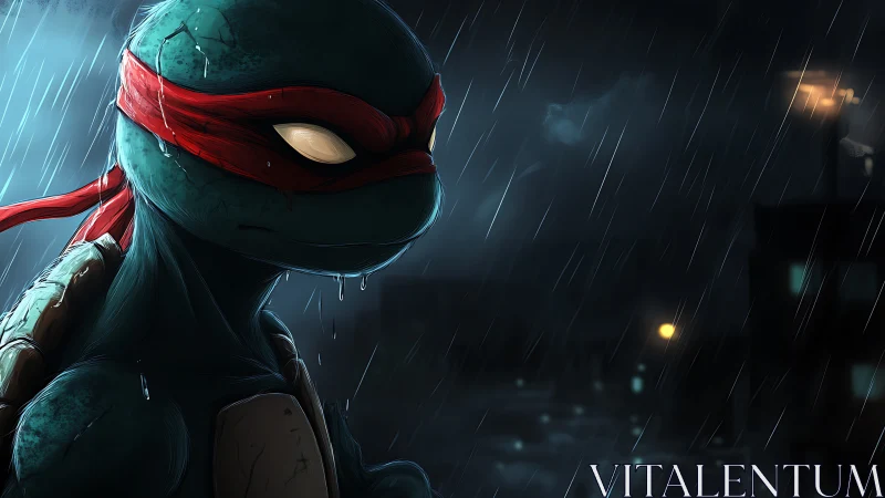 Brooding turtle warrior under rainlit urban nightfall.