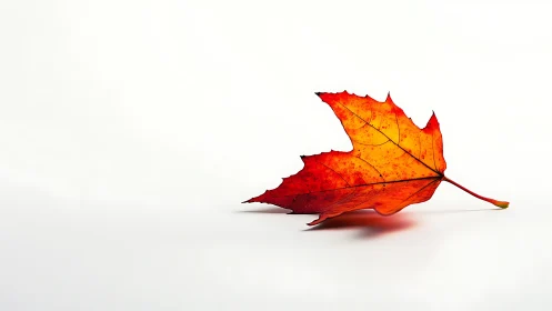 Single red-orange maple leaf lies on clean white background