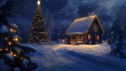 Snowy log cabin with Christmas lights at night scene.
