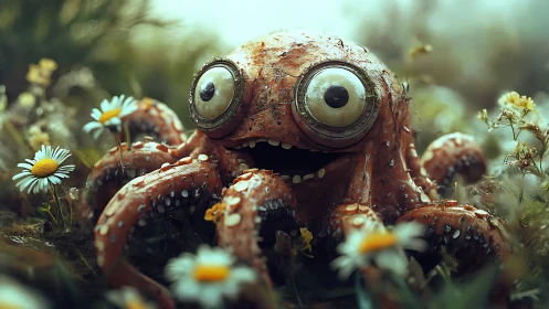 Whimsical steampunk octopus robot nestled in dewy meadow