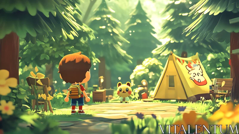 Stylized forest campsite scene renders child and mascot encounter