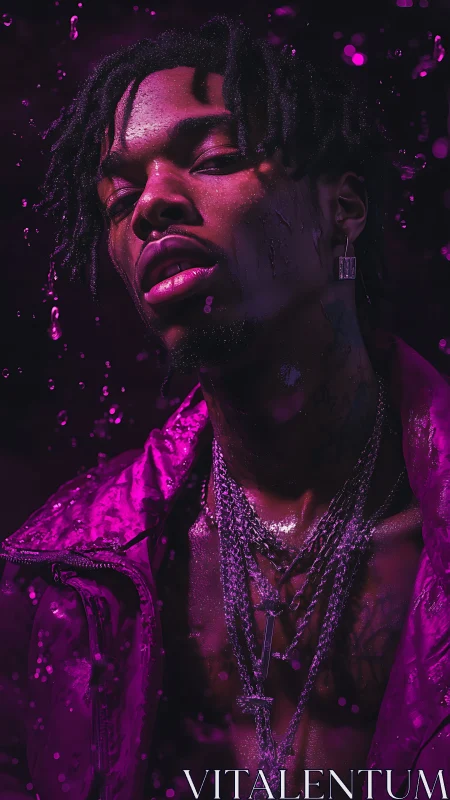 Moody neon portrait captures wet figure under magenta light