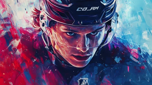 Electric ice hockey portrait glowing with fierce focus.