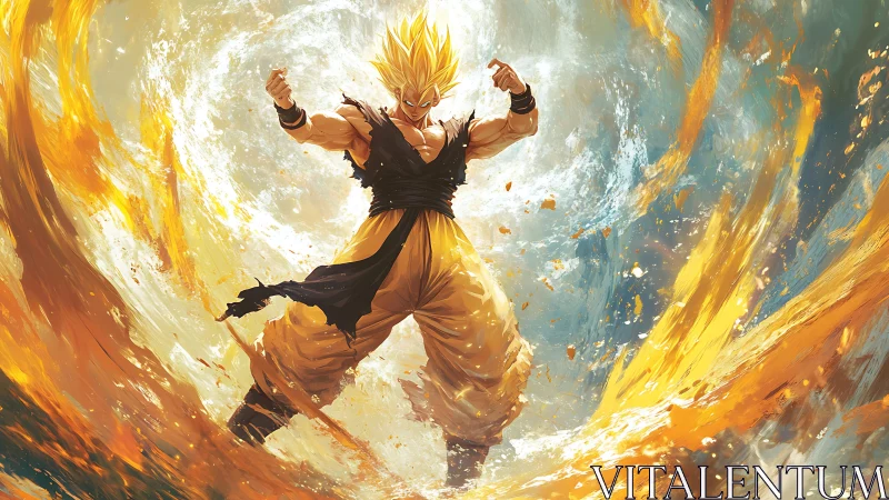 Energy-charged warrior framed by dynamic swirling flames