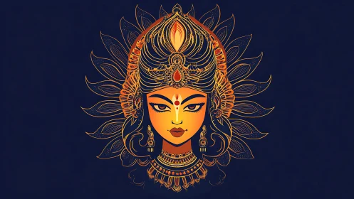 Divine goddess portrait in ornate golden mandala frame.