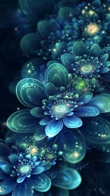 Luminous blue fractal flowers on deep cosmic background.