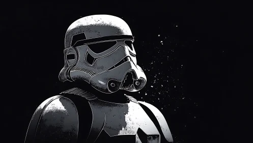 Helmeted sentinel studies starlit void in stark monochrome