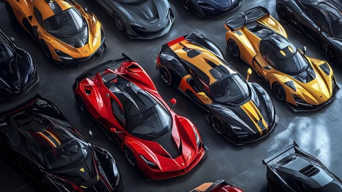 Row of colorful hypercars parked in polished showroom